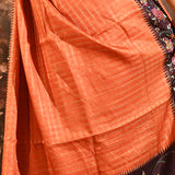 Coral Orange With Checks And Floral Border Embroidery Designer Saree