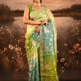 Green Blue Ombre With Golden Floral Print Organza Saree