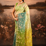 Green Blue Ombre With Golden Floral Print Organza Saree