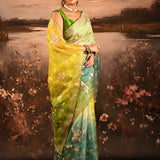 Green Blue Ombre With Golden Floral Print Organza Saree