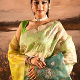 Green Blue Ombre With Golden Floral Print Organza Saree