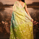 Green Blue Ombre With Golden Floral Print Organza Saree