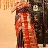 Purple With Gold Zari Striped Kanjivaram Silk Saree