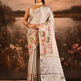 Silver Grey With Paithani Style Elephant Motif Border Designer Saree