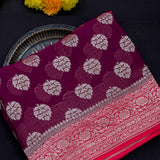Wine Purple Banarasi Silk Saree With Silver Booti & Pink Floral Pallu