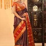 Purple With Gold Zari Striped Kanjivaram Silk Saree