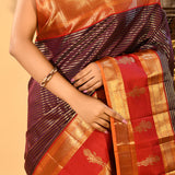 Purple With Gold Zari Striped Kanjivaram Silk Saree