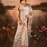 Silver Grey With Paithani Style Elephant Motif Border Designer Saree