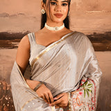 Silver Grey With Paithani Style Elephant Motif Border Designer Saree