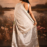 Silver Grey With Paithani Style Elephant Motif Border Designer Saree