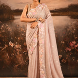 Pastel Peach Floral Hand Embroidery Sequins Saree