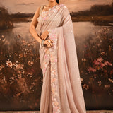 Pastel Peach Floral Hand Embroidery Sequins Saree