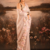 Pastel Peach Floral Hand Embroidery Sequins Saree