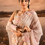Pastel Peach Floral Hand Embroidery Sequins Saree