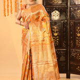 Sunset Orange Meenakari Bird Motif Tissue Kanjivaram Saree