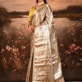 Metallic Gold With Contrast Yellow Blouse Hand Embroidery Designer Tissue Saree