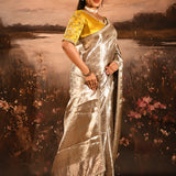 Metallic Gold With Contrast Yellow Blouse Hand Embroidery Designer Tissue Saree