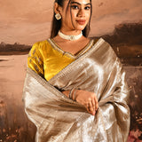Metallic Gold With Contrast Yellow Blouse Hand Embroidery Designer Tissue Saree