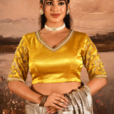 Metallic Gold With Contrast Yellow Blouse Hand Embroidery Designer Tissue Saree