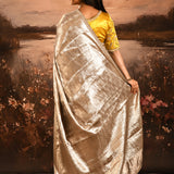 Metallic Gold With Contrast Yellow Blouse Hand Embroidery Designer Tissue Saree