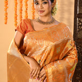 Sunset Orange Meenakari Bird Motif Tissue Kanjivaram Saree
