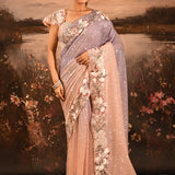 Lavender Blush Ombre Sequin With 3D Floral Applique Border Designer Georgette Saree