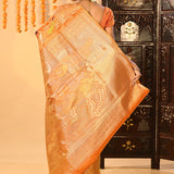 Sunset Orange Meenakari Bird Motif Tissue Kanjivaram Saree