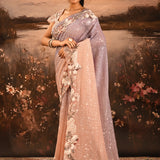Lavender Blush Ombre Sequin With 3D Floral Applique Border Designer Georgette Saree