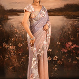 Lavender Blush Ombre Sequin With 3D Floral Applique Border Designer Georgette Saree