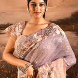 Lavender Blush Ombre Sequin With 3D Floral Applique Border Designer Georgette Saree