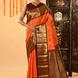 Bright Orange With Butti And Checked Kanjivaram Silk Saree