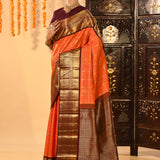 Bright Orange With Butti And Checked Kanjivaram Silk Saree