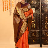 Bright Orange With Butti And Checked Kanjivaram Silk Saree