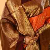 Bright Orange With Butti And Checked Kanjivaram Silk Saree