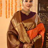 Bright Orange With Butti And Checked Kanjivaram Silk Saree