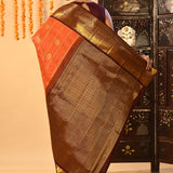 Bright Orange With Butti And Checked Kanjivaram Silk Saree