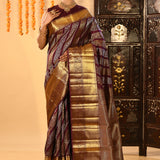 Maroon With Striped Gold And Silver Zari Kanjivaram Silk Saree