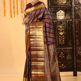 Maroon With Striped Gold And Silver Zari Kanjivaram Silk Saree