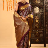 Maroon With Striped Gold And Silver Zari Kanjivaram Silk Saree