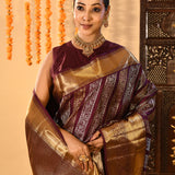 Maroon With Striped Gold And Silver Zari Kanjivaram Silk Saree