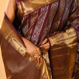 Maroon With Striped Gold And Silver Zari Kanjivaram Silk Saree