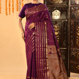 Royal Purple Butti And Temple Border Kanjivaram Silk Saree