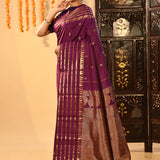 Royal Purple Butti And Temple Border Kanjivaram Silk Saree