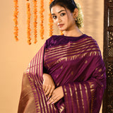 Royal Purple Butti And Temple Border Kanjivaram Silk Saree