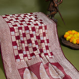 Maroon Banarasi Silk Saree With Checkerboard Weave And Leaf Pallu