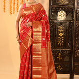 Red And Gold Checked Butti Kanjivaram Silk Saree