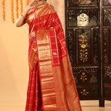 Red And Gold Checked Butti Kanjivaram Silk Saree