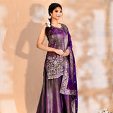 Shiny Purple Tissue Silk Embroidered Sharara Set