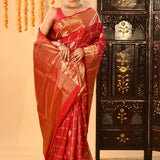 Red And Gold Checked Butti Kanjivaram Silk Saree