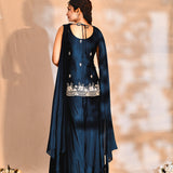 Deep Blue Tissue Silk Embroidered Sharara Set